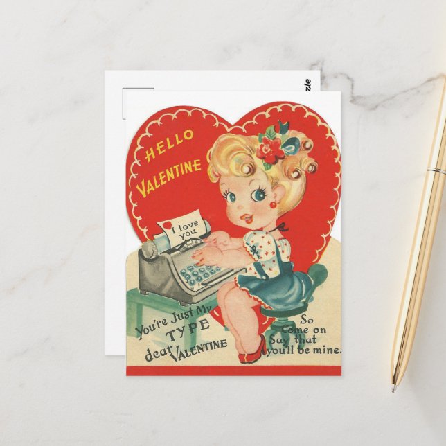 Retro Vintag Valentine Girl Postkarte (Vorderseite/Rückseite Beispiel)