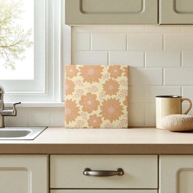 Retro Vintag warme Creme Orange Floral Fliese (Von Creator hochgeladen)
