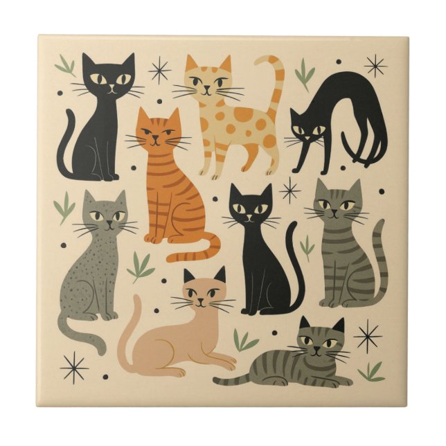 Retro Vintage 1950s Cat Pattern Fliese (Vorderseite)