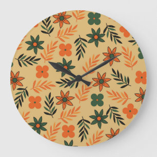 Retro-Vintage-70er-Blumen-Blatt-Muster Große Wanduhr