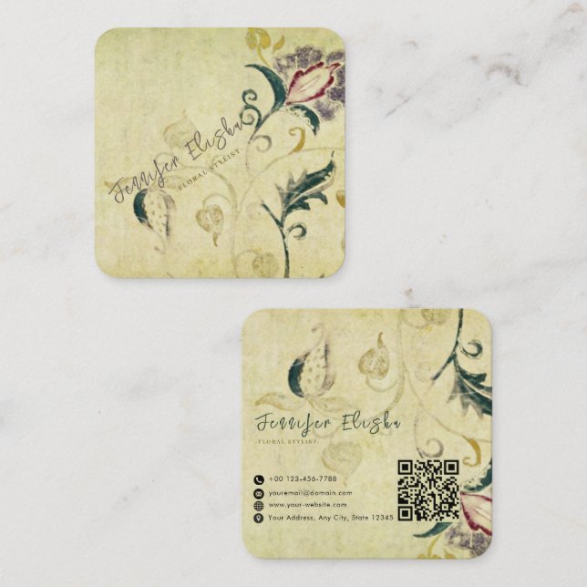 Retro Vintage antike Blumenparchment-Effekt Quadratische Visitenkarte (Vorne/Hinten)