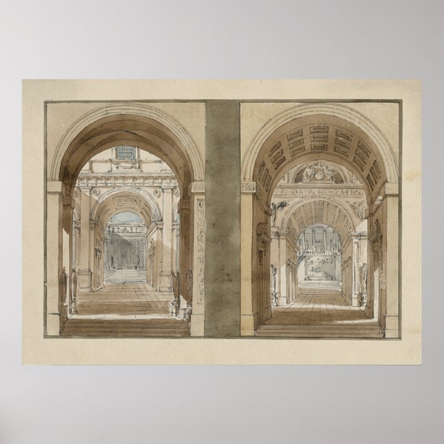 Retro Vintage Architektur Zeichnend Bogengänge Poster (Vorne)