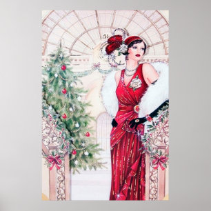 Retro-Vintage-Art-Deco-Weihnachtsdamenplakat Poster