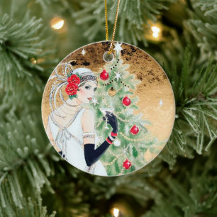 retro-vintage Art Deco Weihnachtszugabe Keramik Ornament