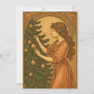 Retro-Vintage-Art-Nouveau-Weihnachtsbaum-Mädchen Feiertagskarte