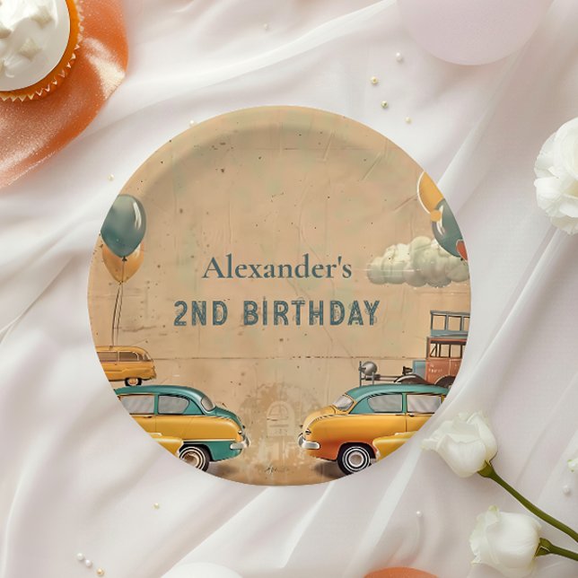 Retro-Vintage-Auto-Zwei-Schnell-Geburtstag Pappteller (Von Creator hochgeladen)