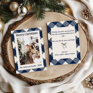Retro Vintage Blau Kariert Familienweihnachten Feiertagskarte