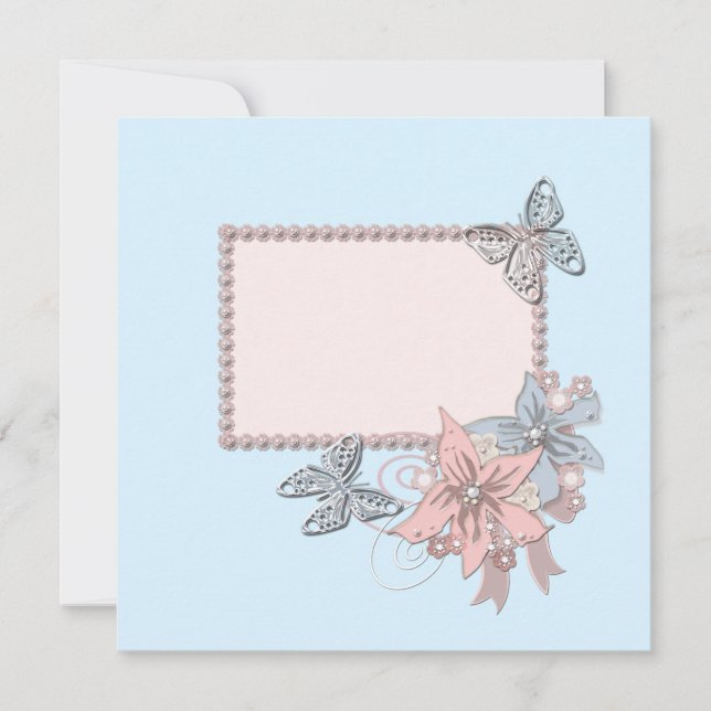 Retro Vintage Blume mit blauen Rahmen Perlen Einladung (Vorderseite)