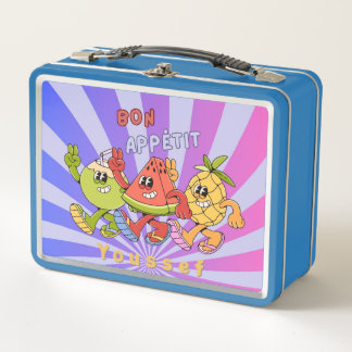 Retro Vintage Bon Appétit Fruit Trio dances Blue Metall Brotdose