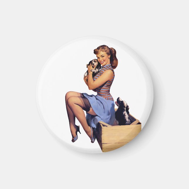 Retro Vintage Brünette Pinup Girl mit Welpen Magnet (Vorne)