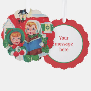 Retro-Vintage Caroling-Kinder fügen Nachricht hinz Ornament Karte
