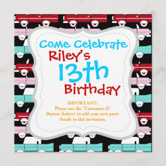 Retro Vintage Cars Rosa Rosa Türkisblau Frisierte  Einladung