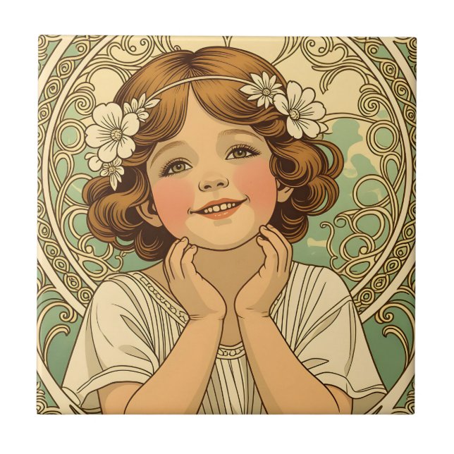 retro Vintage Child With Flowers Fliese (Vorderseite)