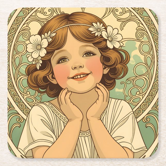 retro Vintage Child With Flowers Rechteckiger Pappuntersetzer (Vorderseite)