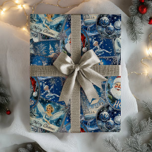 Retro Vintage Christmas: Blue Collage Geschenkpapier