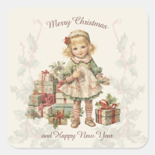 Retro Vintage Christmas Girl Geschenke Quadratischer Aufkleber