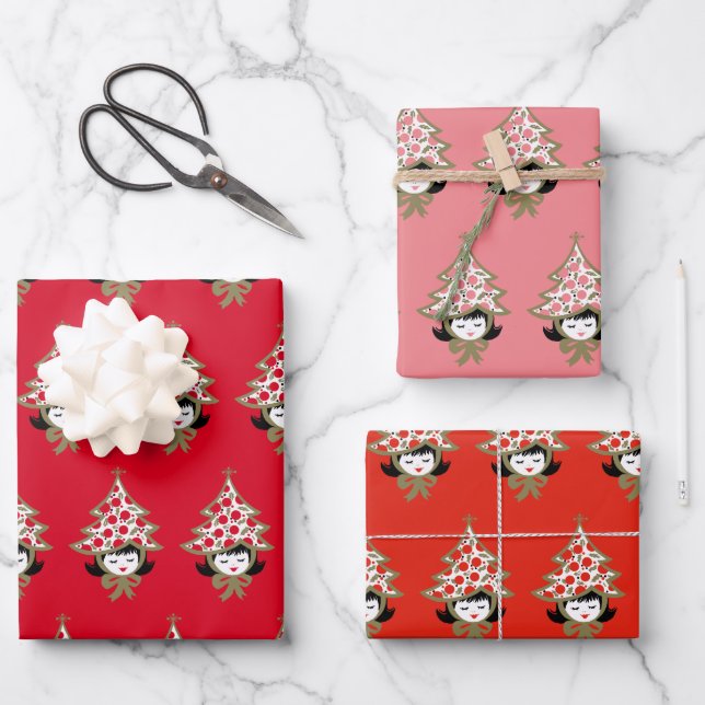 Retro Vintage Christmas Girl mit Baumhut Geschenkpapier Set (Vorderseite)