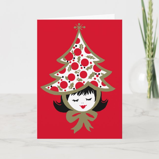 Retro Vintage Christmas Girl mit Baumhut Karte (Vorderseite)