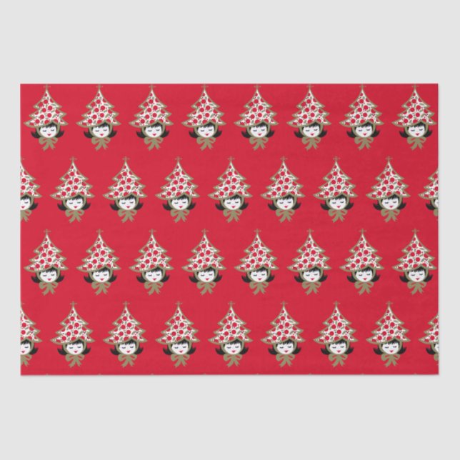 Retro Vintage Christmas Girl mit Baumhut Seidenpapier (Vorderseite)