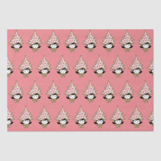 Retro Vintage Christmas Girl mit Baumhut Seidenpapier (Vorderseite)
