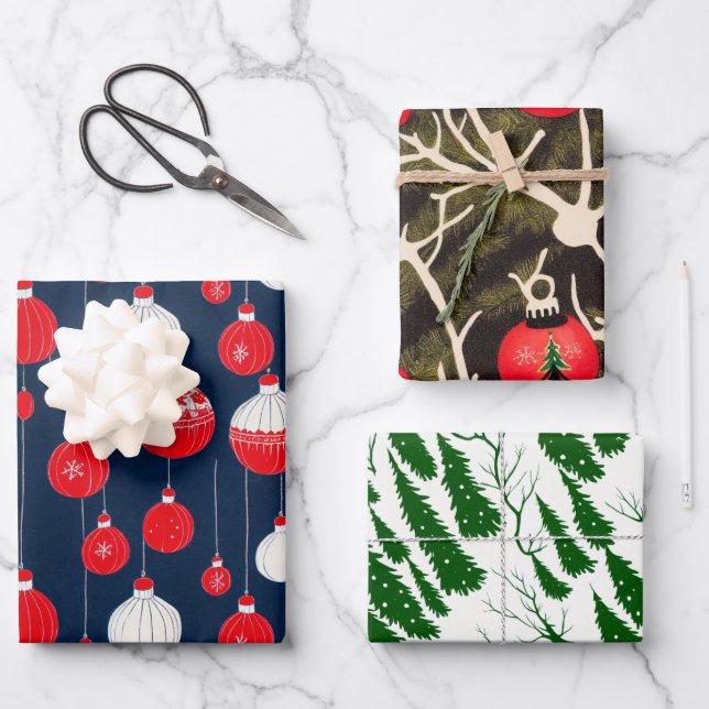 Retro Vintage Christmas Illustration Muster Geschenkpapier Set (Vorderseite)