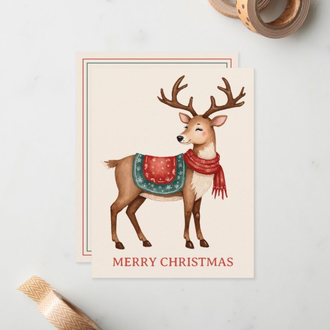 Retro Vintage Christmas Reindeer Personalisiert Mitteilungskarte (Vorderseite/Rückseite Beispiel)