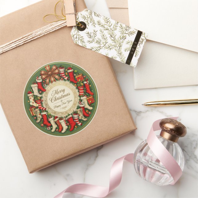 Retro Vintage Christmas Stockings Green Runder Aufkleber (Schenken)