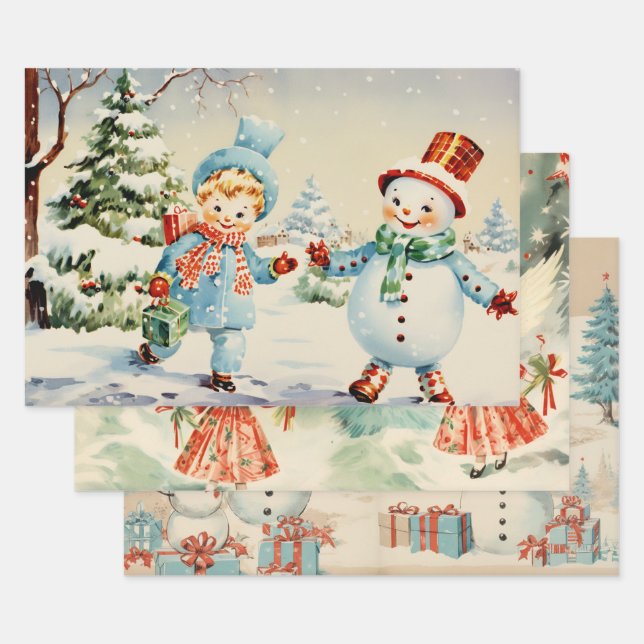 Retro Vintage Christmas Trio Style G Geschenkpapier Set (Set)