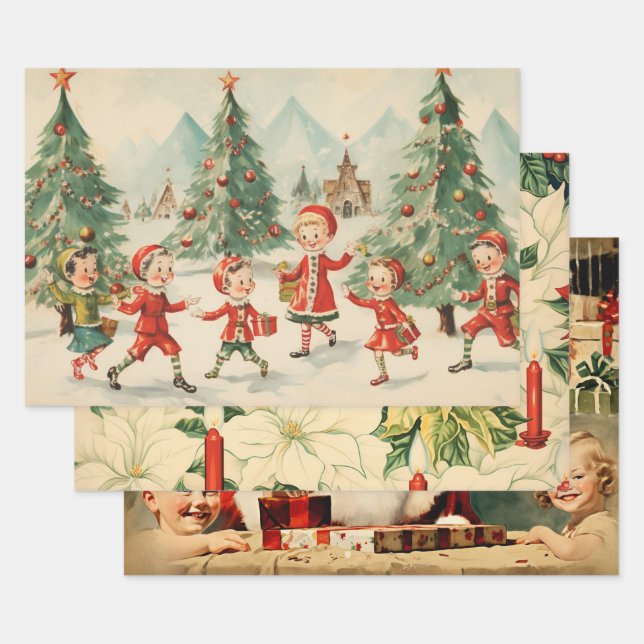 Retro Vintage Christmas Trio Style H Geschenkpapier Set (Set)