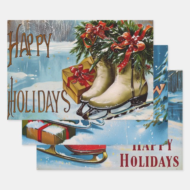 Retro Vintage Christmas Trio Style R Geschenkpapier Set (Set)