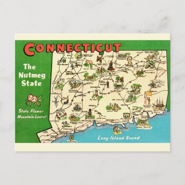 Retro, Vintage Connecticut Map Postkarte (Vorderseite)
