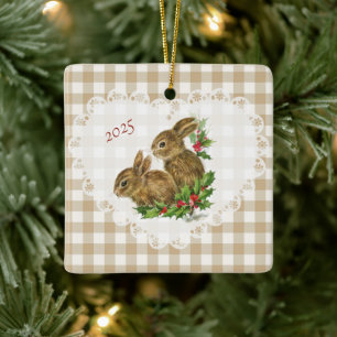 Retro Vintage Coquette Baby Tiere Hase Gingham Keramikornament