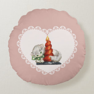 Retro Vintage Coquette Pastell-Baby-Tiere Katze Rundes Kissen