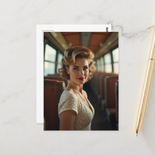 Retro-Vintage-Frau im Zug Postkarte
