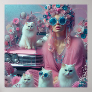 Retro Vintage Frau mit weißen Katzen Poster