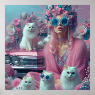 Retro Vintage Frau mit weißen Katzen Poster