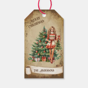 Retro Vintage Frau schmückt den Weihnachtsbaum Geschenkanhänger