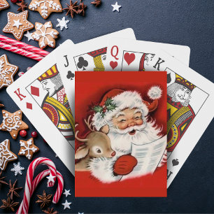 Retro-Vintage-fröhlicher Weihnachtsmann mit Rudolf Spielkarten