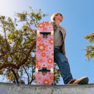 Retro Vintage Gänseblümchen-Muster Orange Pink Skateboard