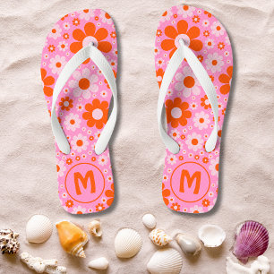 Retro Vintage Gänseblümchen Muster Orange Rosa Mon Flip Flops