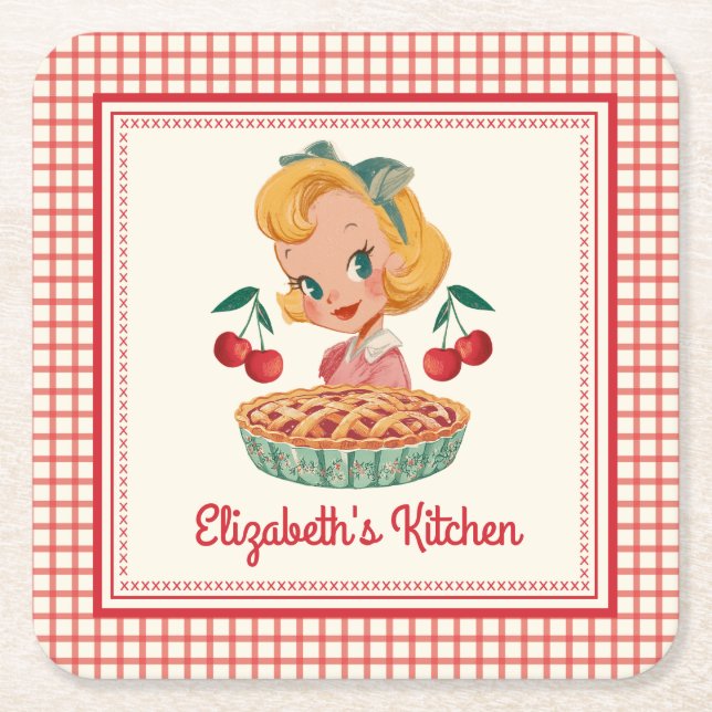 Retro Vintage Gingham Rot Kirsche  Rechteckiger Pappuntersetzer (Vorderseite)