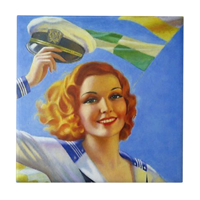 Retro-Vintage-glückliche-Seglerinnen-Mädchen-Dame- Fliese (Vorderseite)