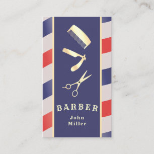 Retro Vintage Gold Barbier Werkzeuge Rot Blau Weiß Visitenkarte