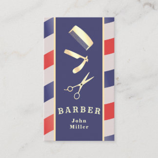 Retro Vintage Gold Barbier Werkzeuge Rot Blau Weiß Visitenkarte