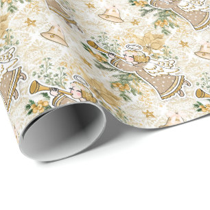 Retro Vintage Goldener Weihnachtsengel & Horn Geschenkpapier