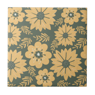 Retro Vintage Grün Gelb Floral Fliese