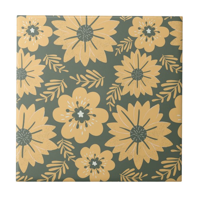 Retro Vintage Grün Gelb Floral Fliese (Vorderseite)
