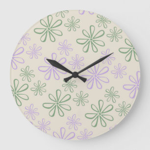 Retro Vintage Grün Lila Kleines Blumenmuster Große Wanduhr