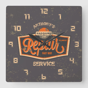 Retro Vintage Grunge Garage Quadratische Wanduhr