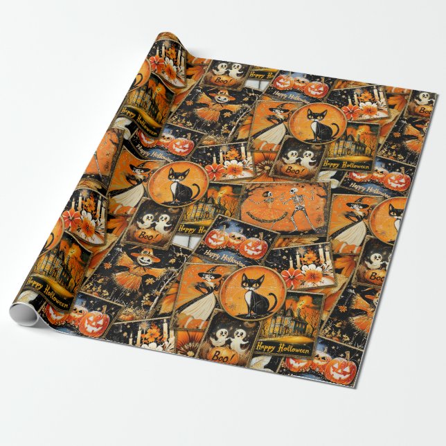 Retro Vintage Halloween Fun Collage Geschenkpapier (Ungerollt)